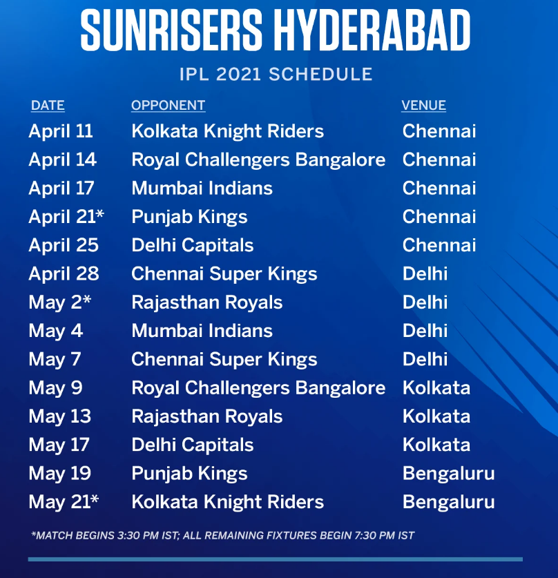 SRH IPL 2021 Schedule